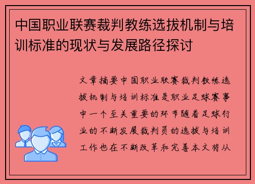 中国职业联赛裁判教练选拔机制与培训标准的现状与发展路径探讨