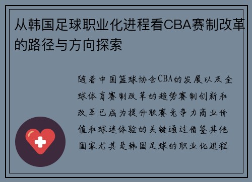从韩国足球职业化进程看CBA赛制改革的路径与方向探索